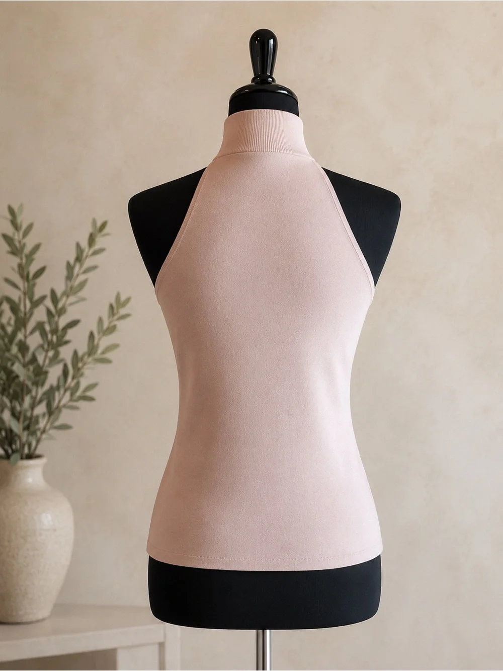 INTERMIX Ribbed Knit Halter Top in Soft Taupe